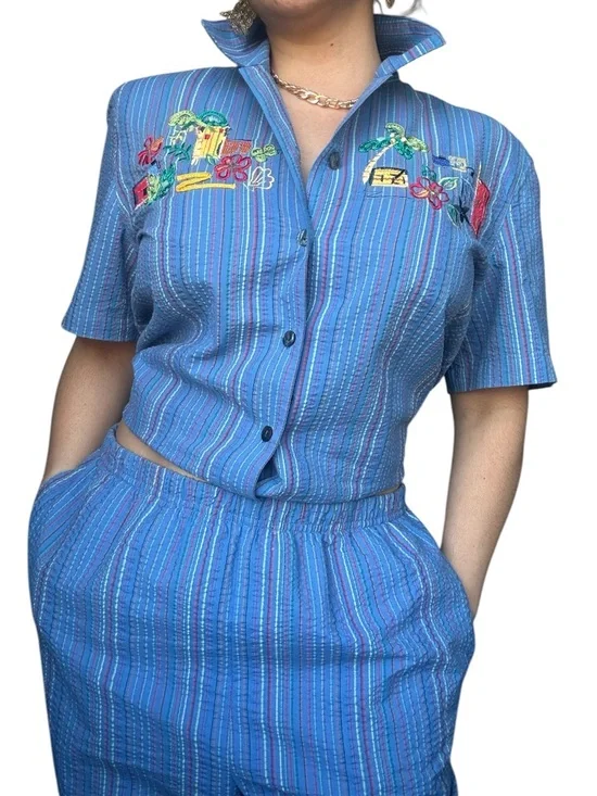 Blue Striped Embroidered Two-Piece Set - Picture 1 of 7